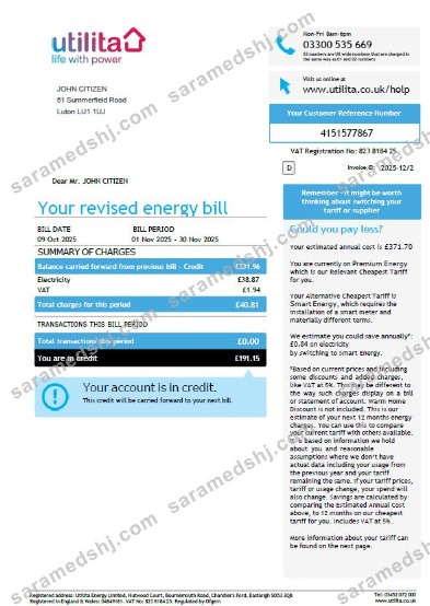 United Kingdom Utilita Energy utility bill template in Word and PDF formats